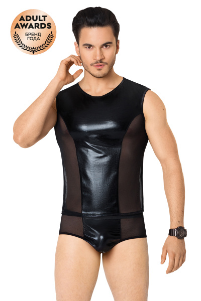 Костюм сетка + wetlook мужской SoftLine Collection (майка, шорты), черный, XL